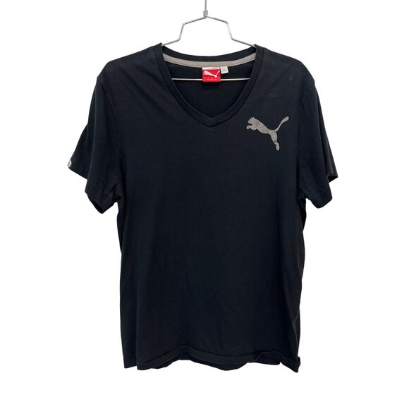 Puma Sport Lifestyle T Shirt Size Large V Neck Short Sleeve Black Sporty Active - Picture 1 of 10